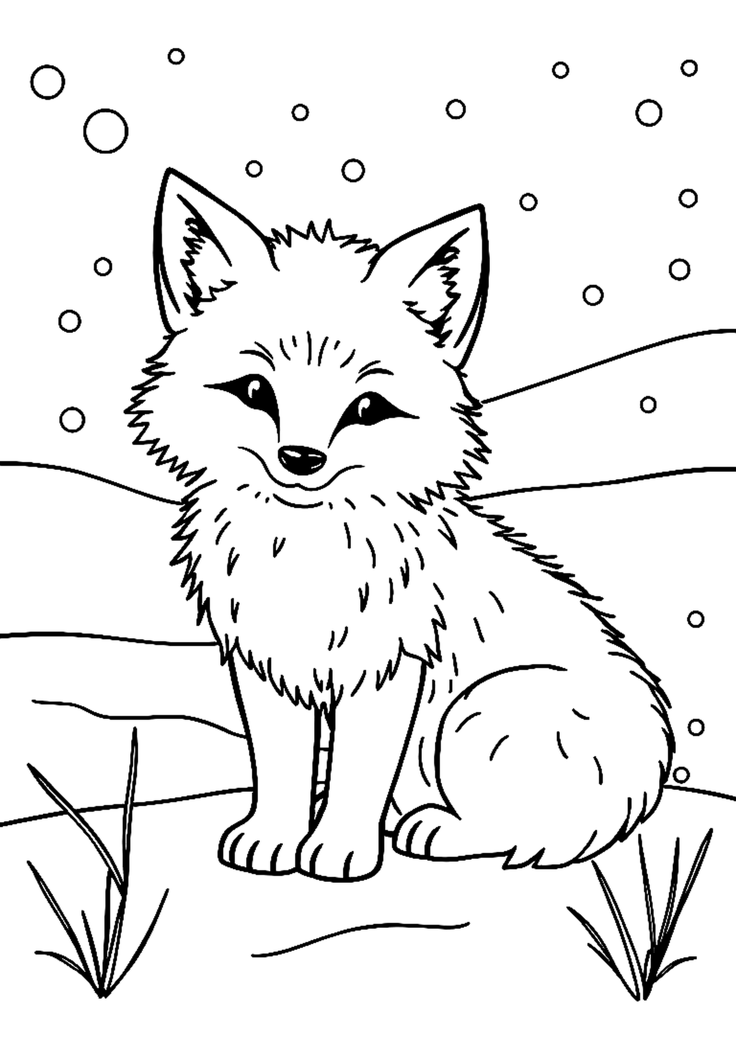 Arctic fox sitting in the snow with a fluffy tail