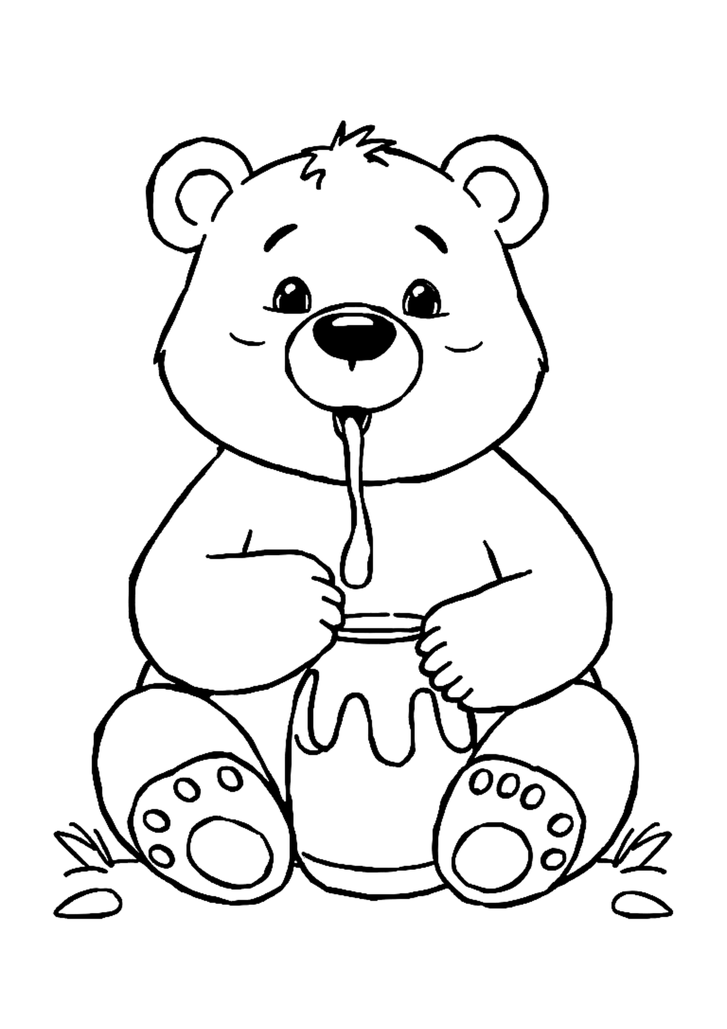 Bear holding a jar of honey in a forest setting