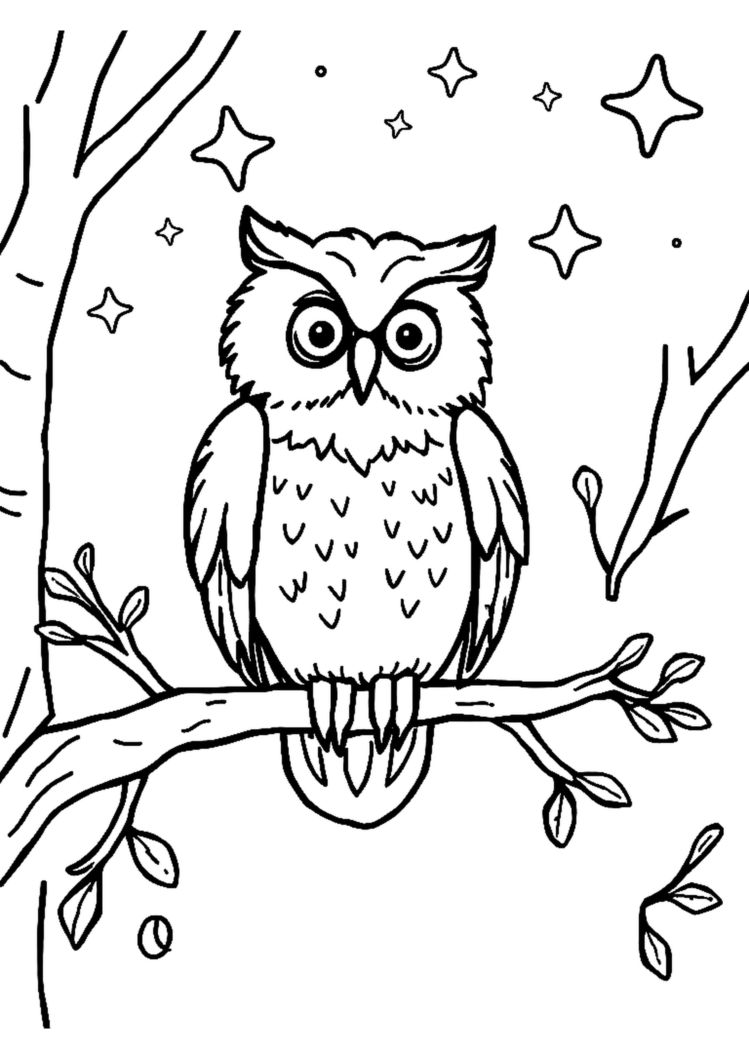 Owl perched on a tree branch at night with stars