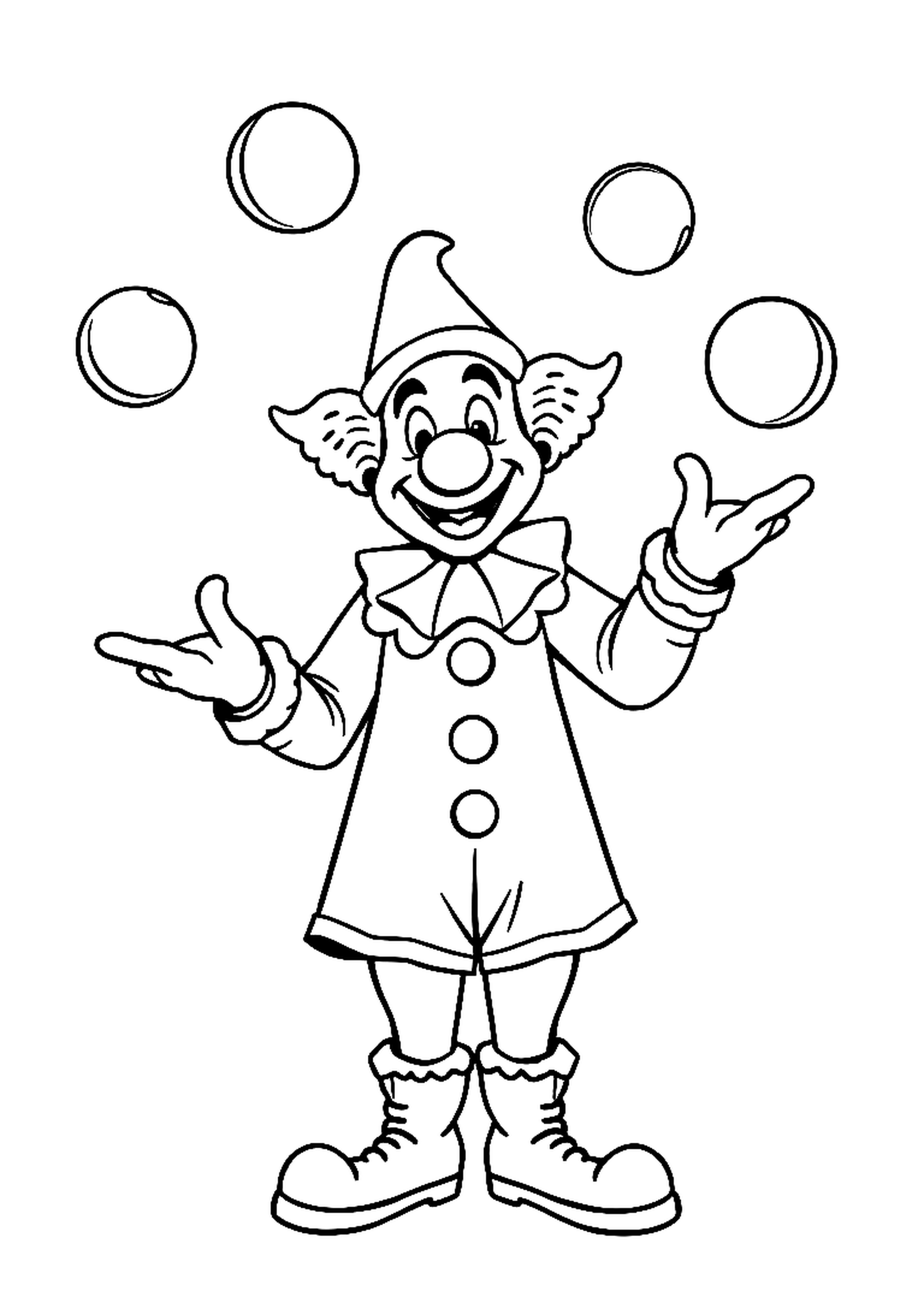 Circus clown juggling balls with big floppy shoes and a red nose