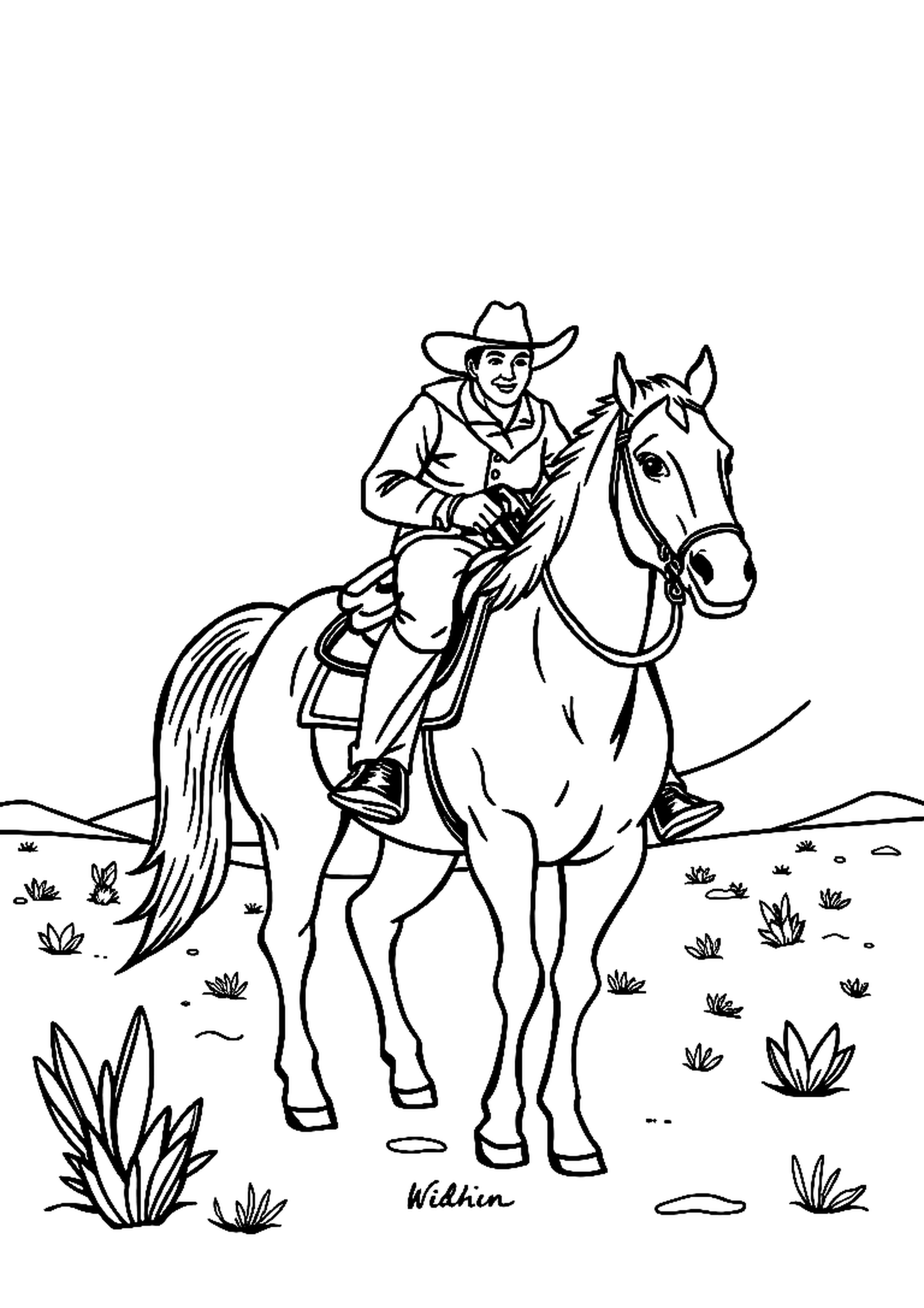 Cowboy riding a galloping horse with a lasso in hand