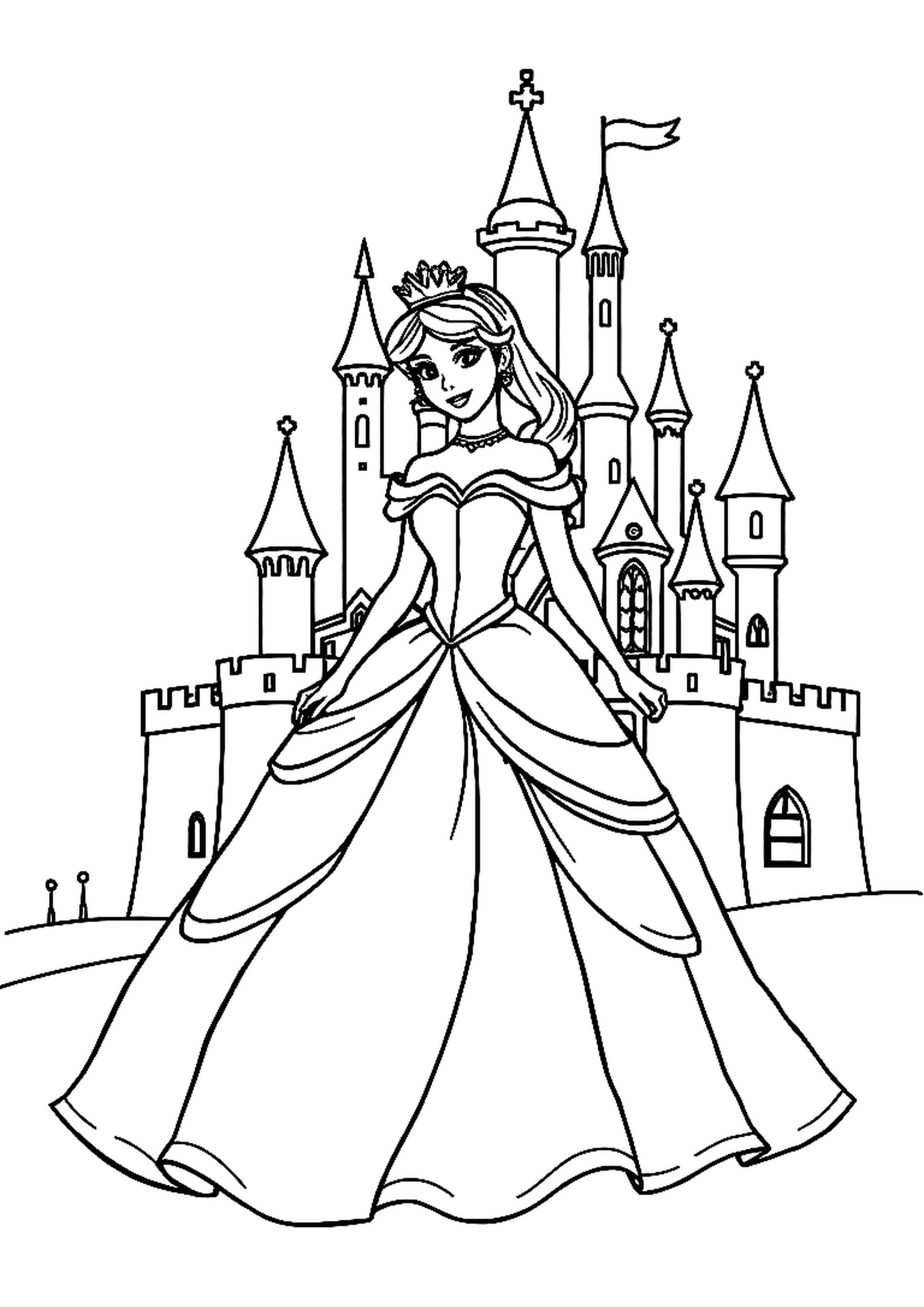 Princess in a flowing gown standing in front of a grand castle