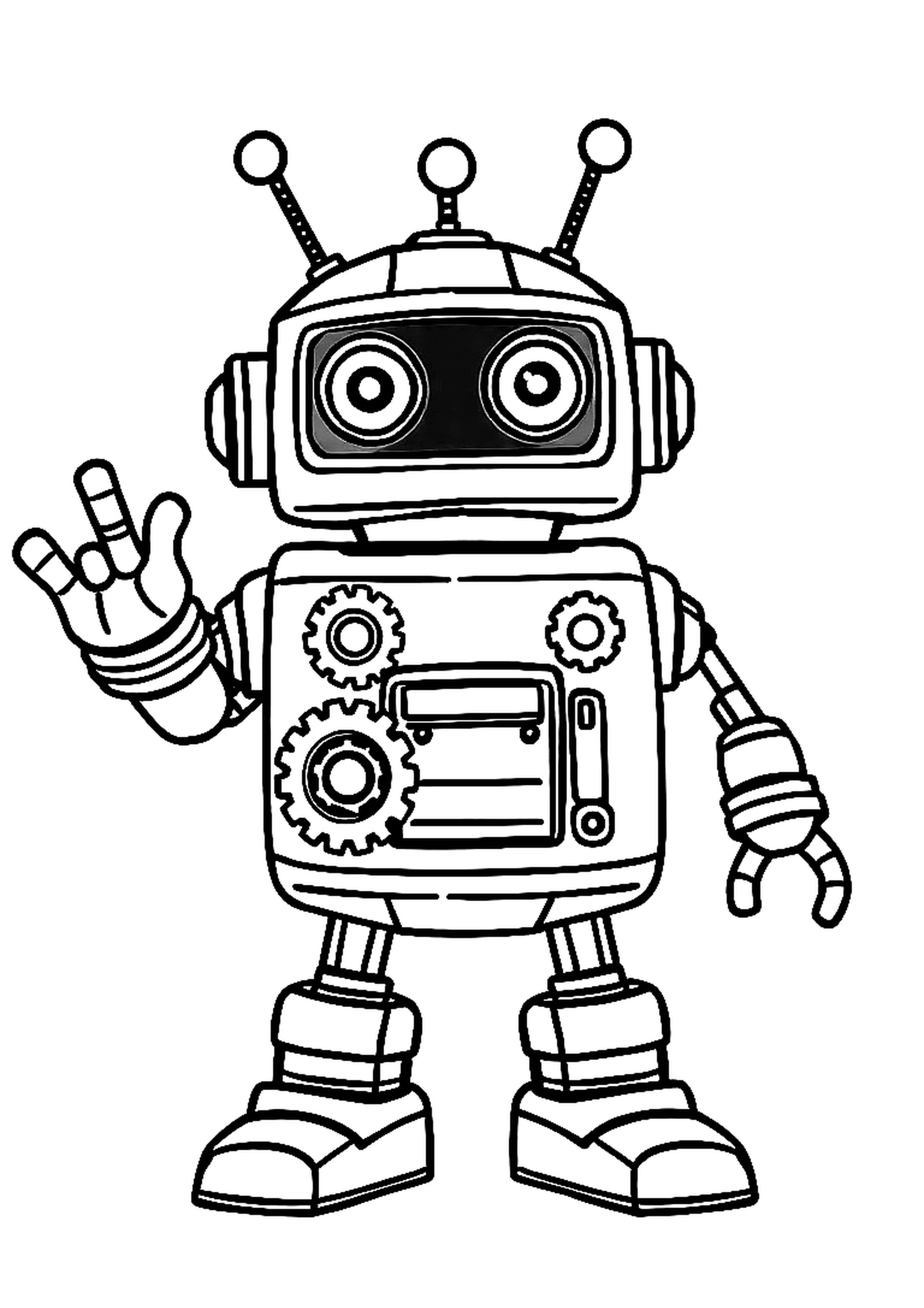 Friendly robot with blinking eyes, antenna, and waving hand