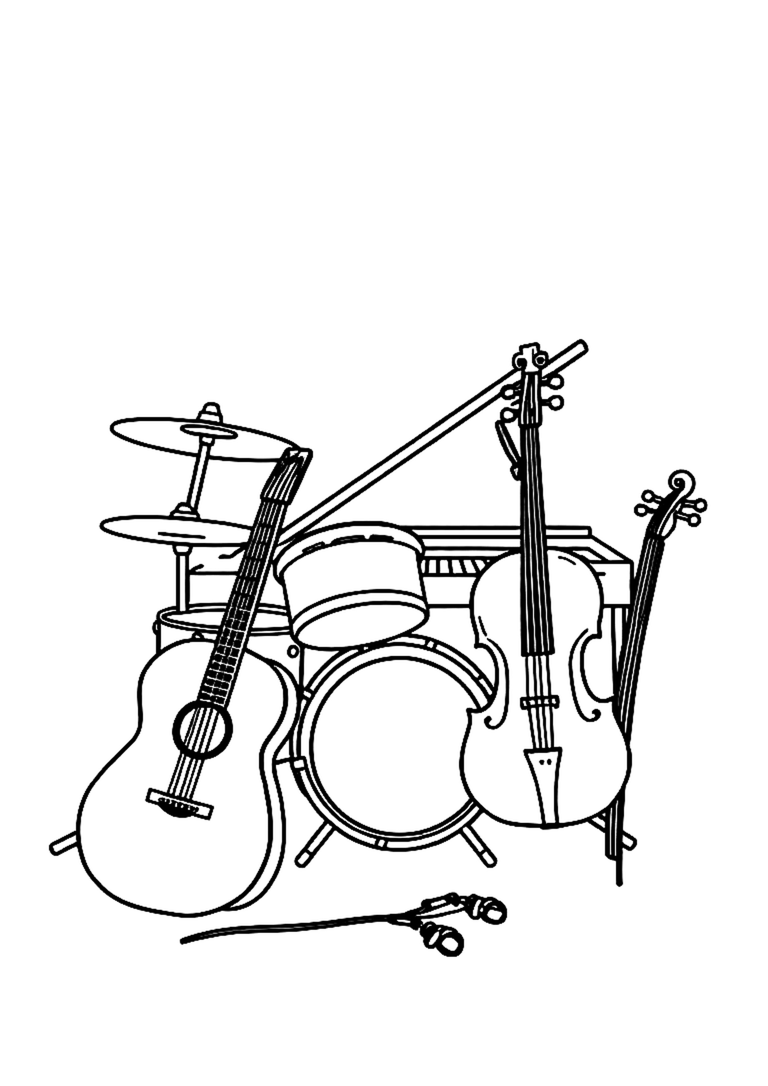 Guitar, drums, trumpet, and piano arranged together