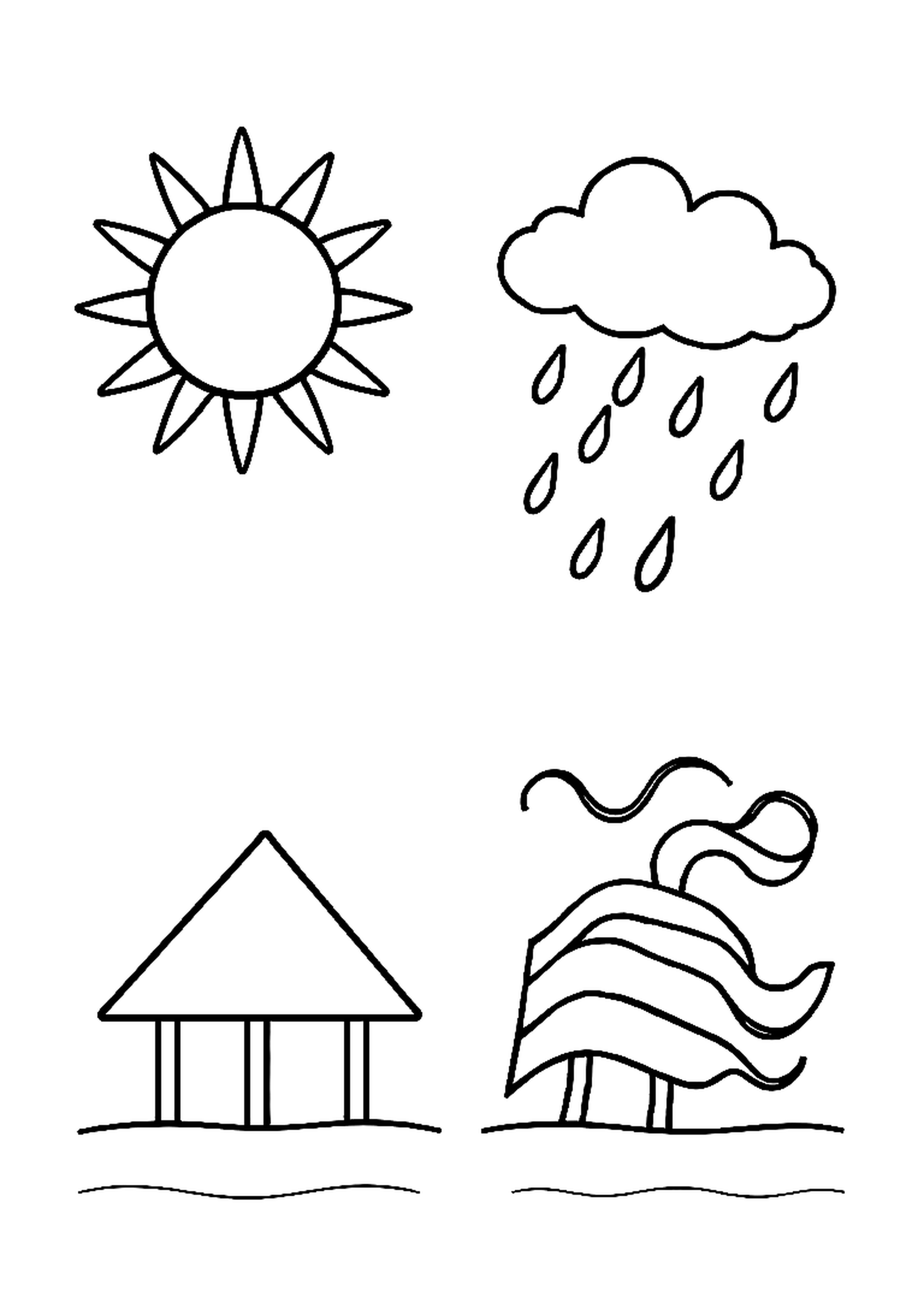 Sun, rain cloud, snowflake, and wind symbols in four panels
