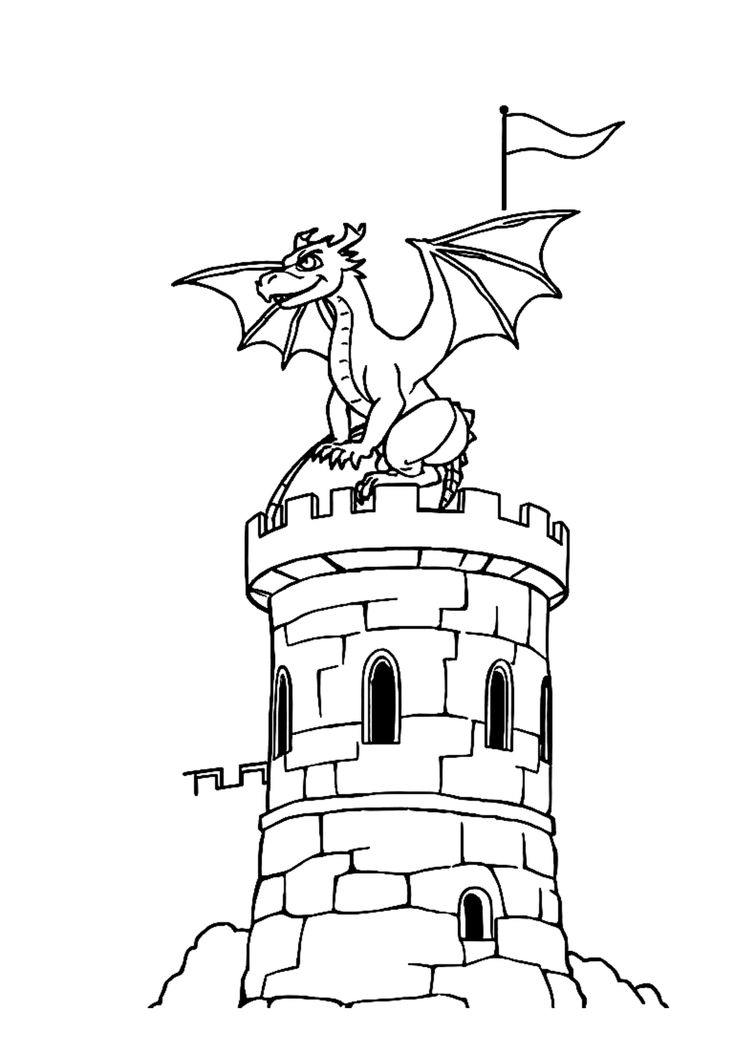 Dragon flying around a castle tower breathing fire