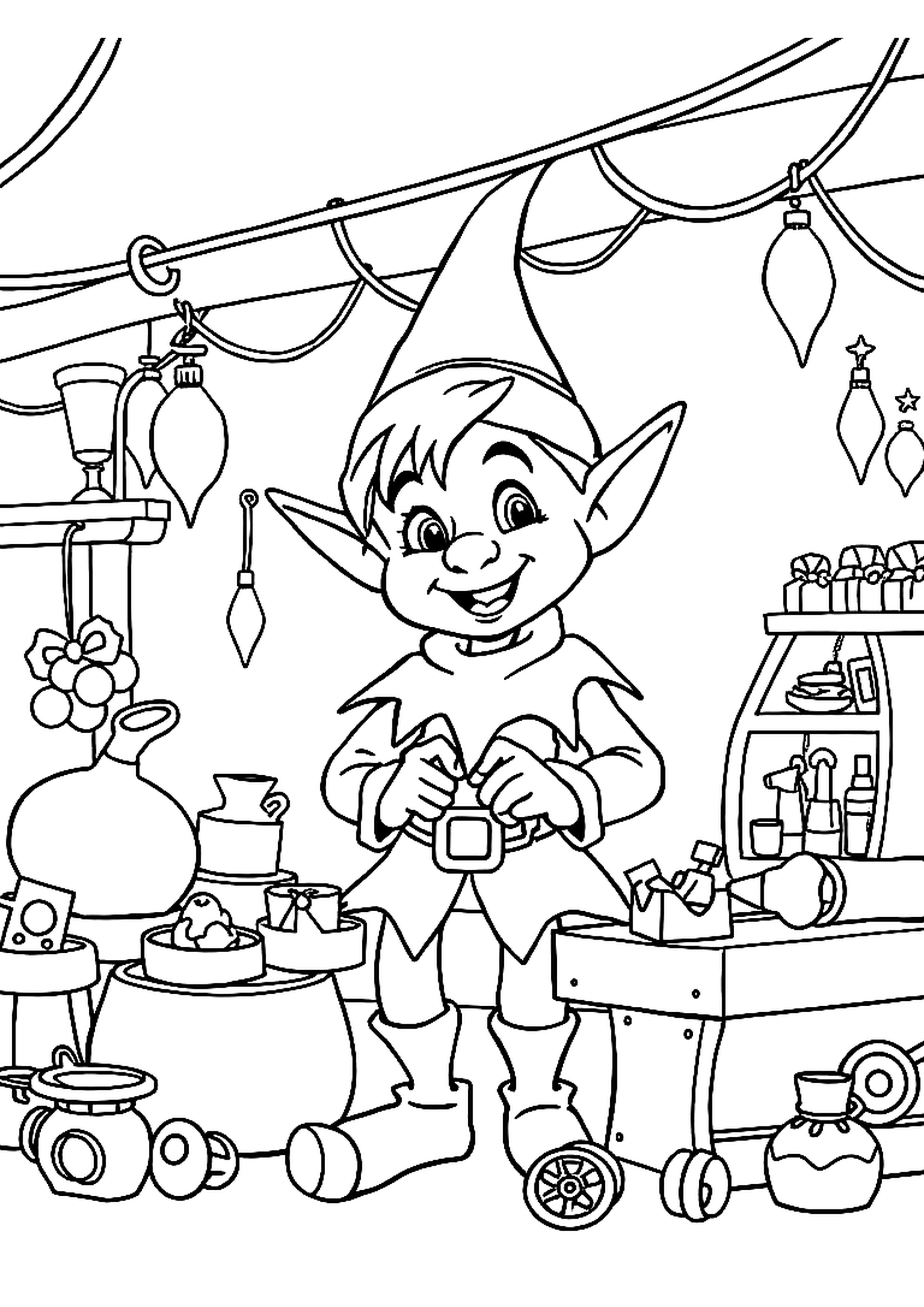 Elf building toys on a workbench surrounded by presents