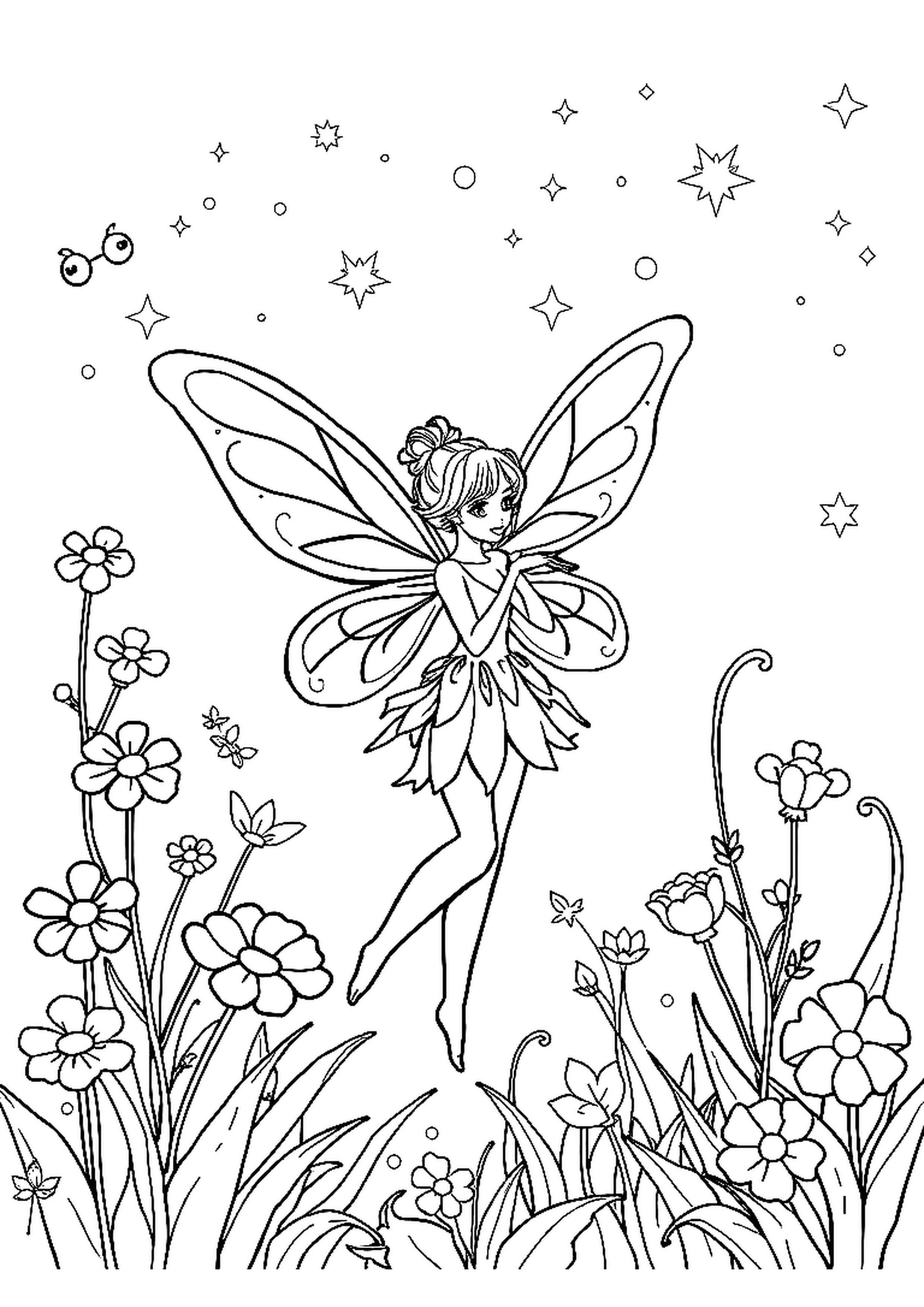 Fairy with wings fluttering in a garden of flowers and mushrooms