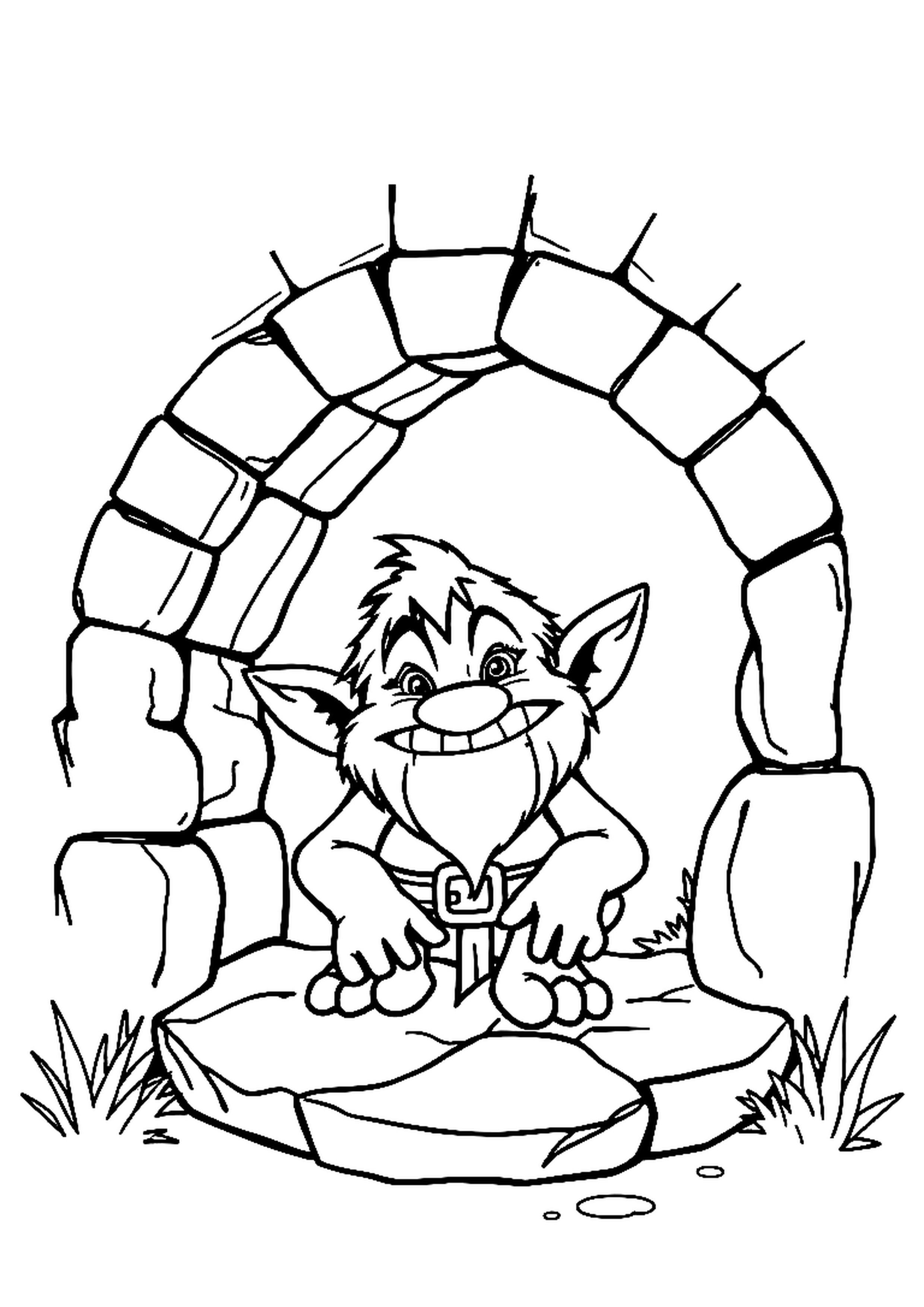 Friendly troll sitting under a stone bridge in a fairy tale scene