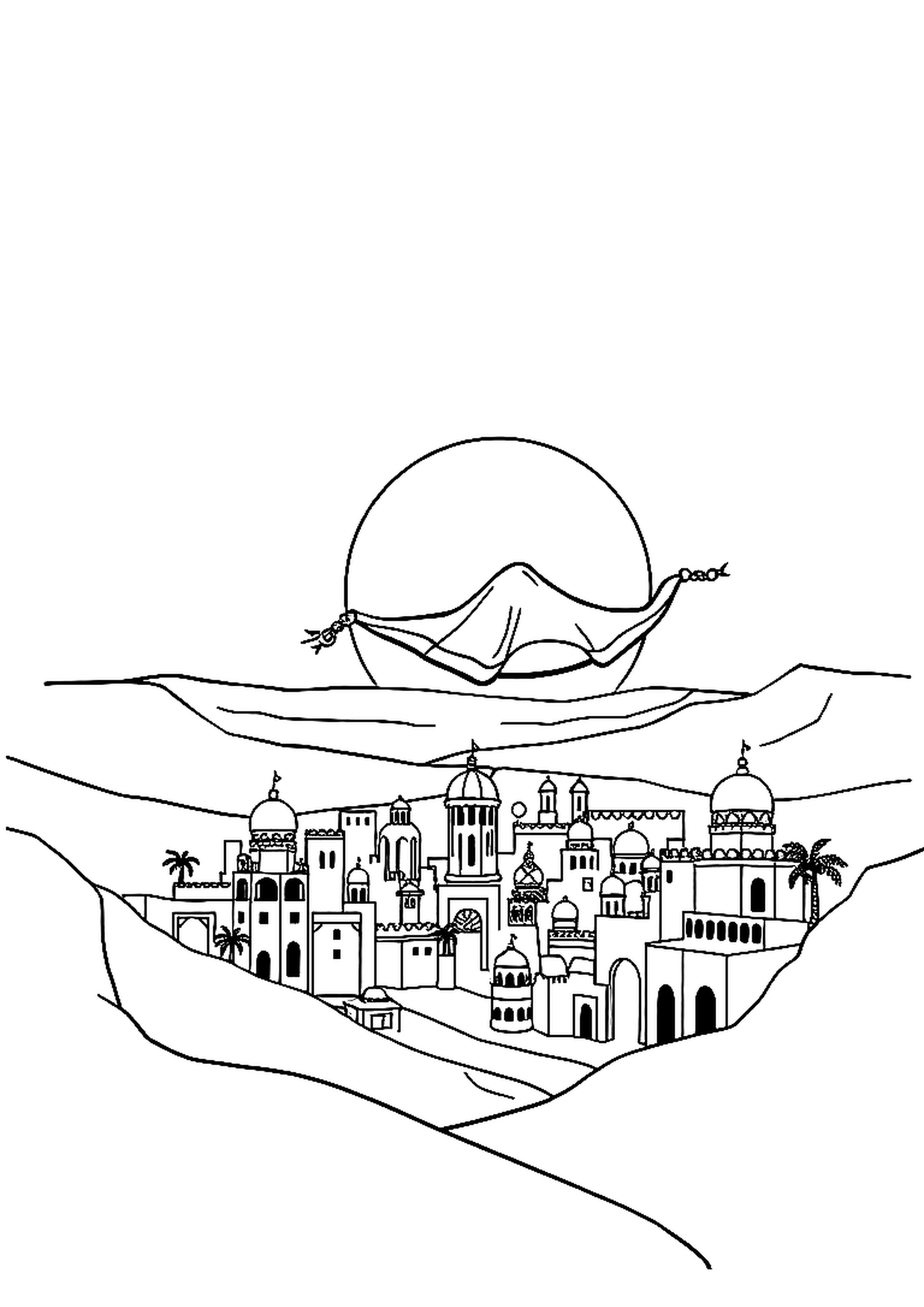 Magic carpet flying over rooftops under a starry sky