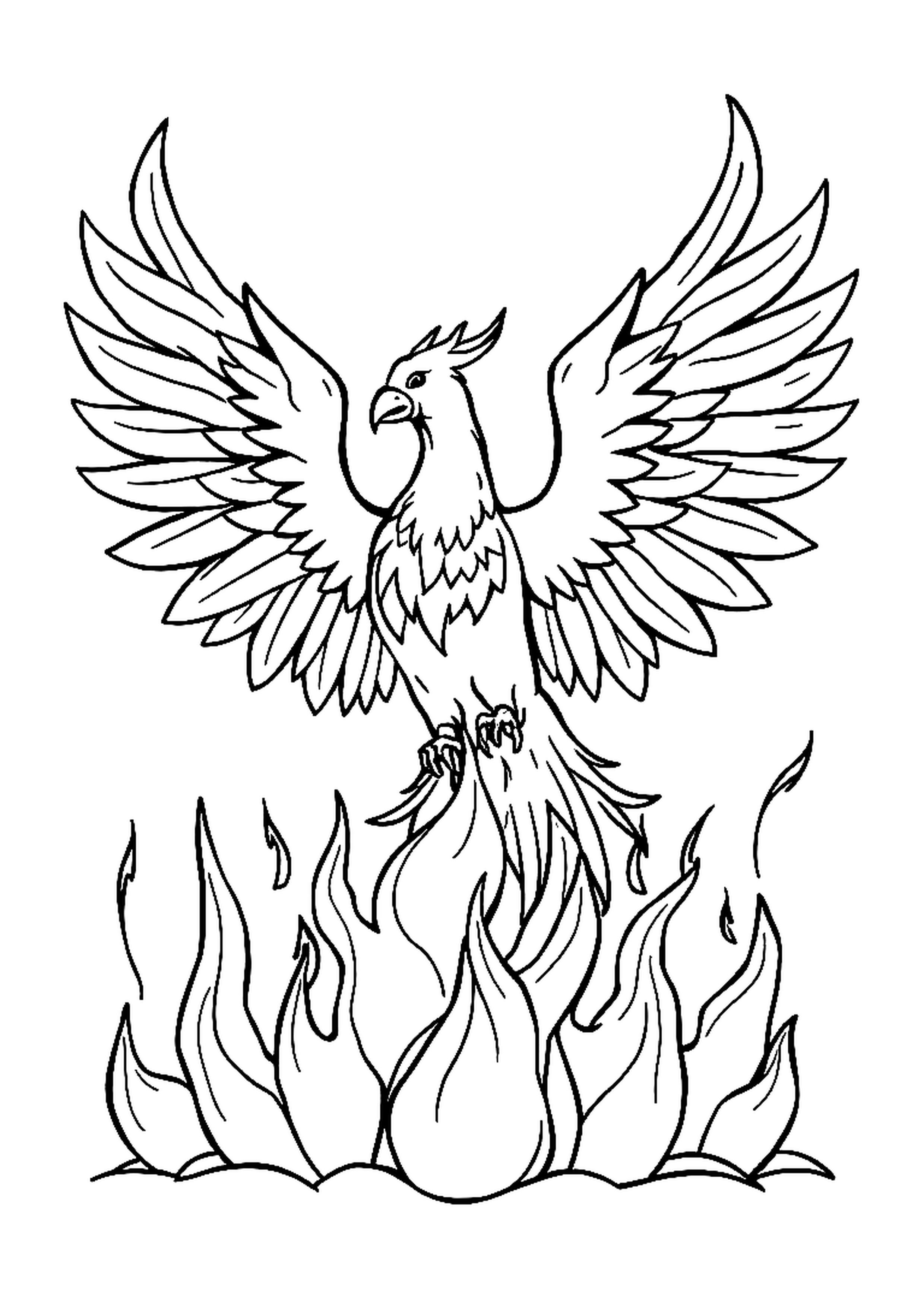 Phoenix bird rising from flames with wings spread wide