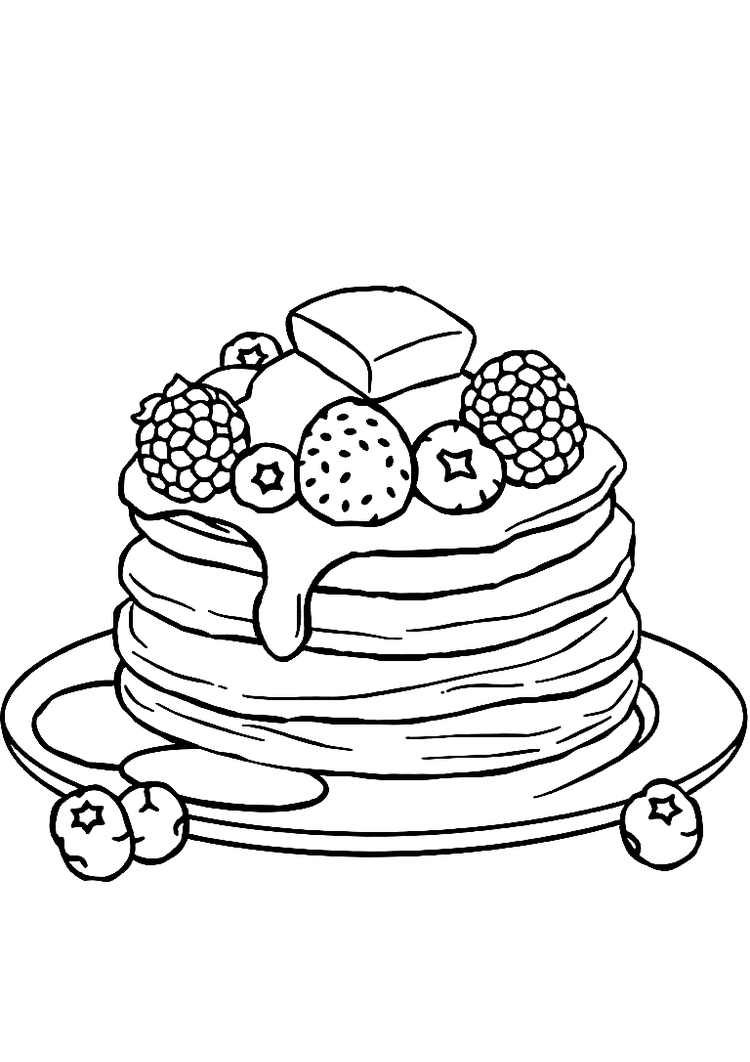 Stack of fluffy pancakes with syrup, butter, and berries