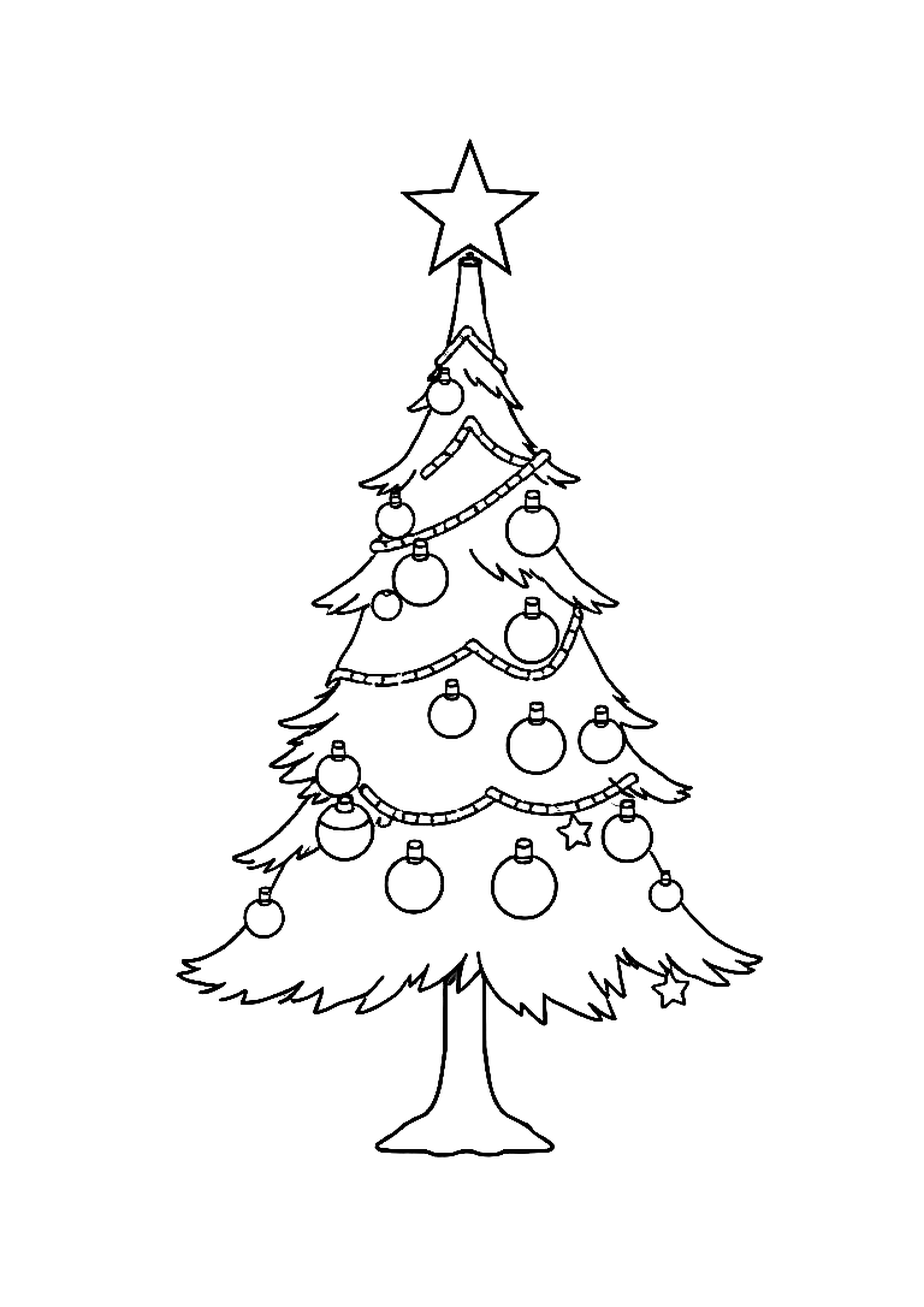 Decorated Christmas tree with ornaments, lights, and a star on top