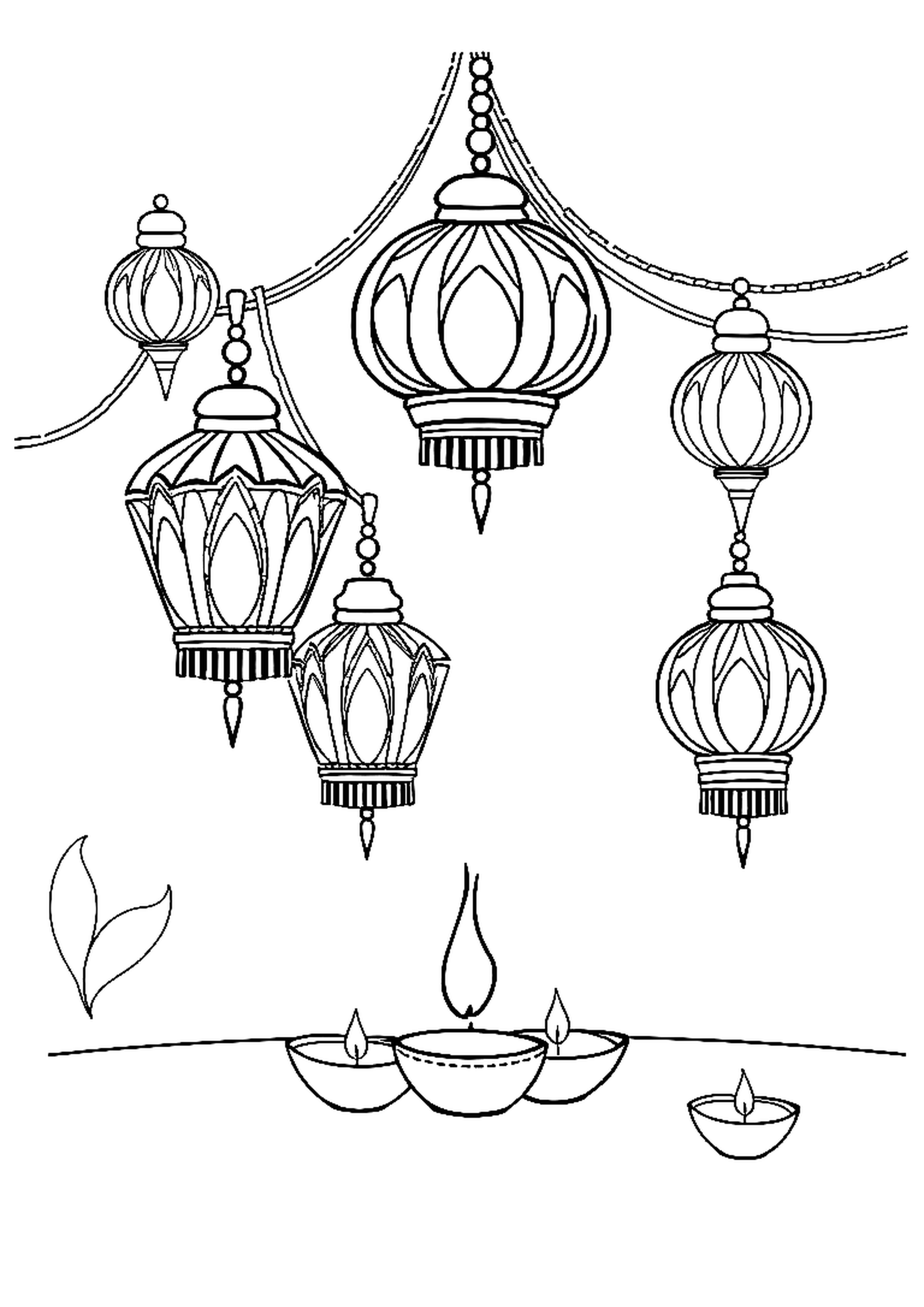 Glowing Diwali lanterns and diyas lighting up the night
