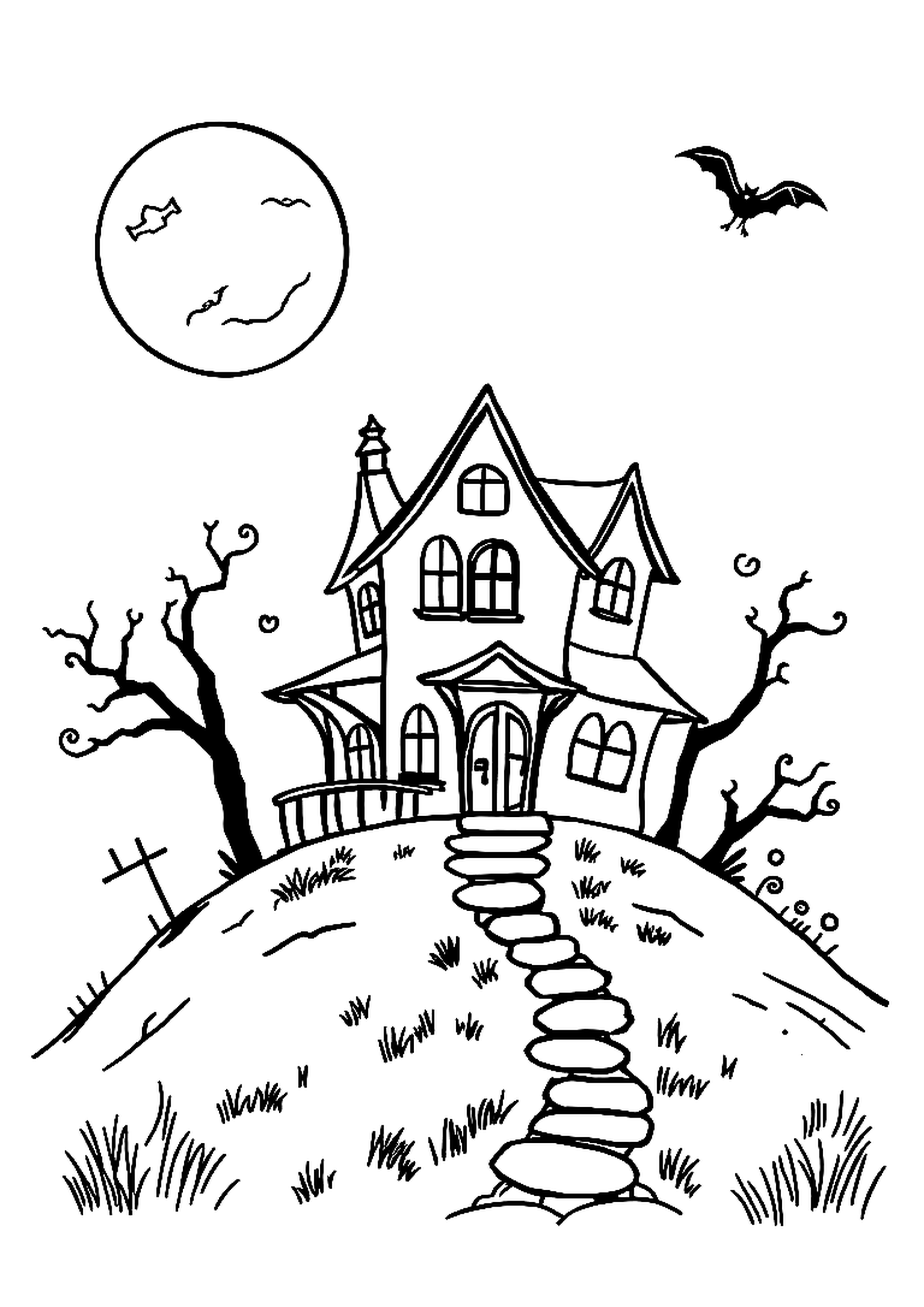Spooky haunted house with bats, cobwebs, and a full moon