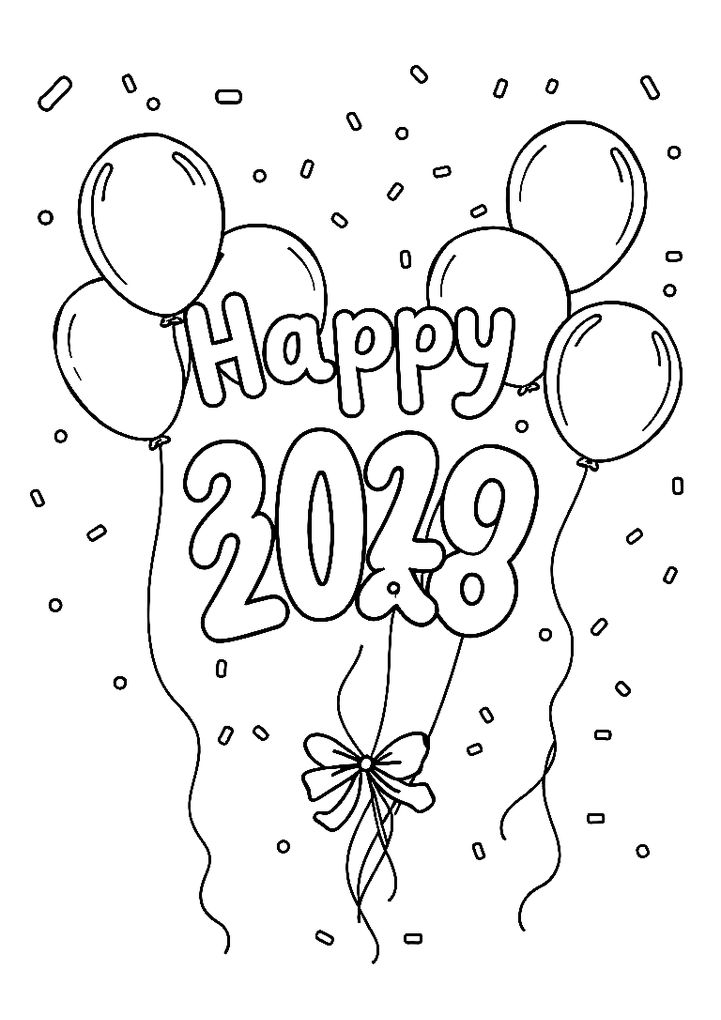 New Year celebration with party hats, confetti, and a clock