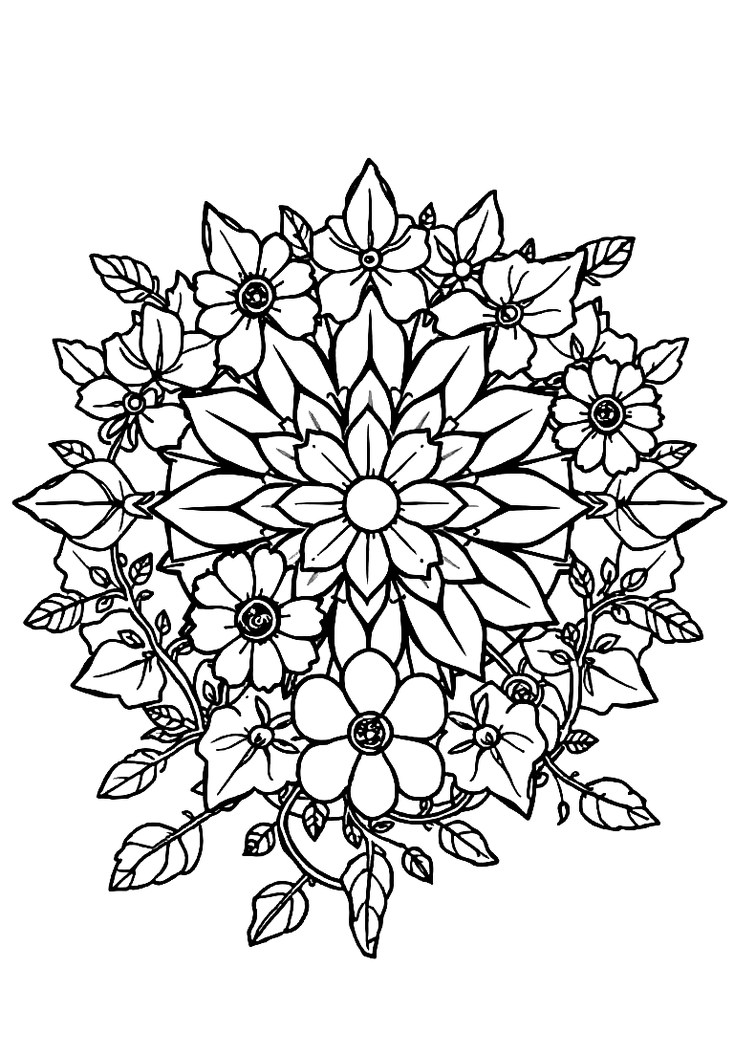 Mandala with flowers, vines, and leaves in a circular design