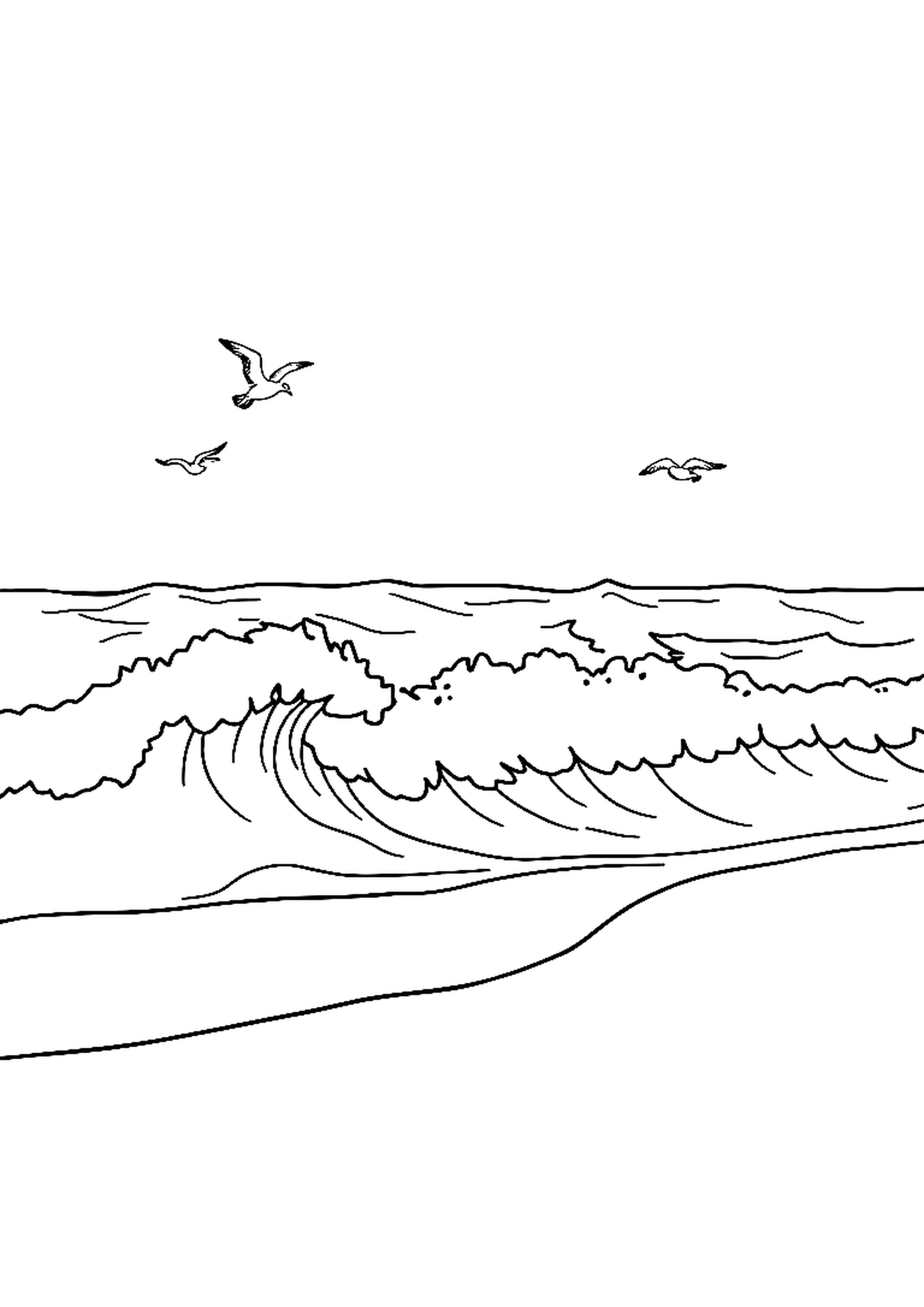 Big ocean waves crashing on a sandy shore with seagulls