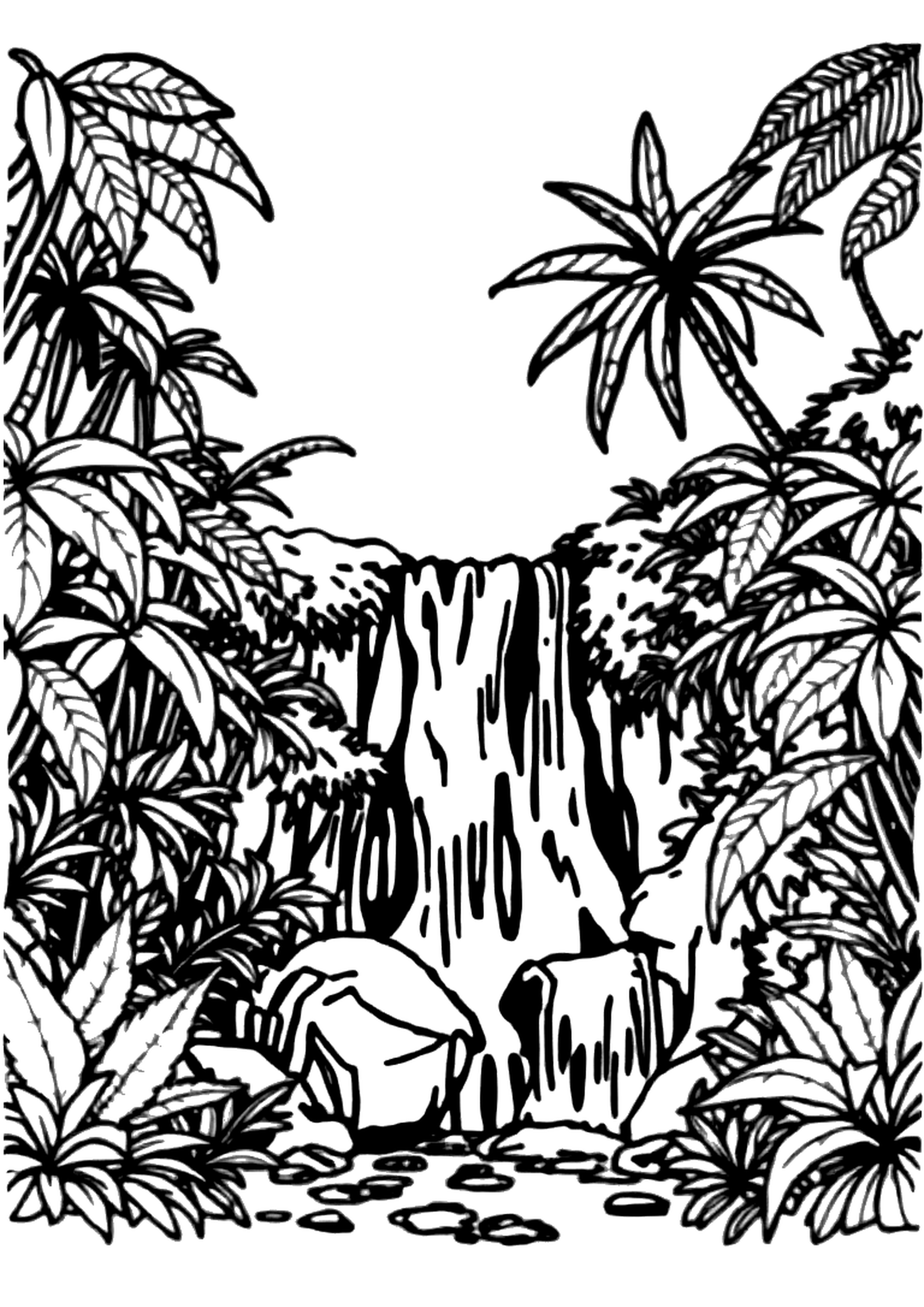 Waterfall cascading into a jungle pool with tropical plants