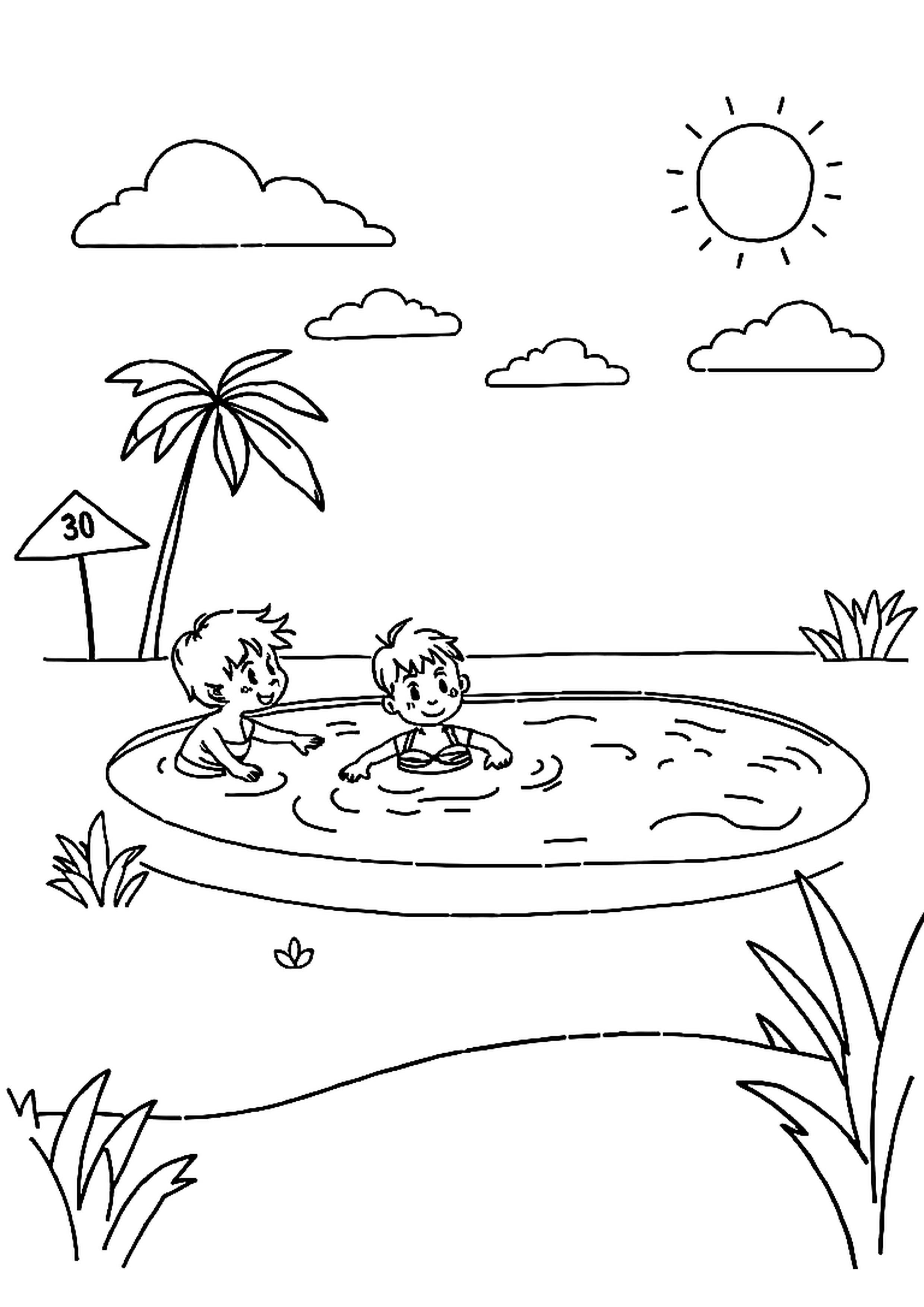 Kids splashing and swimming in a pool with pool toys