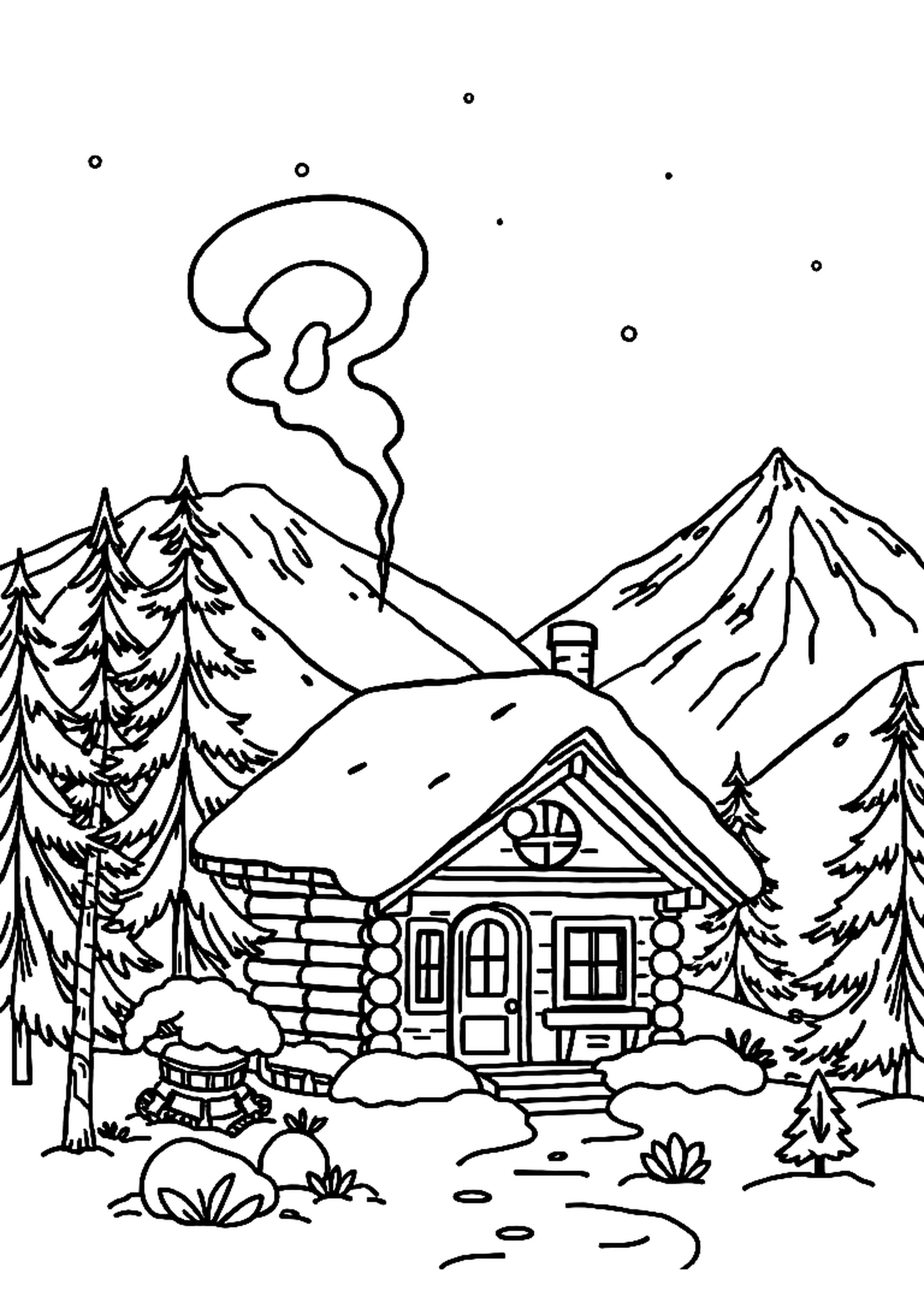 Cozy cabin among snow-covered pine trees with chimney smoke