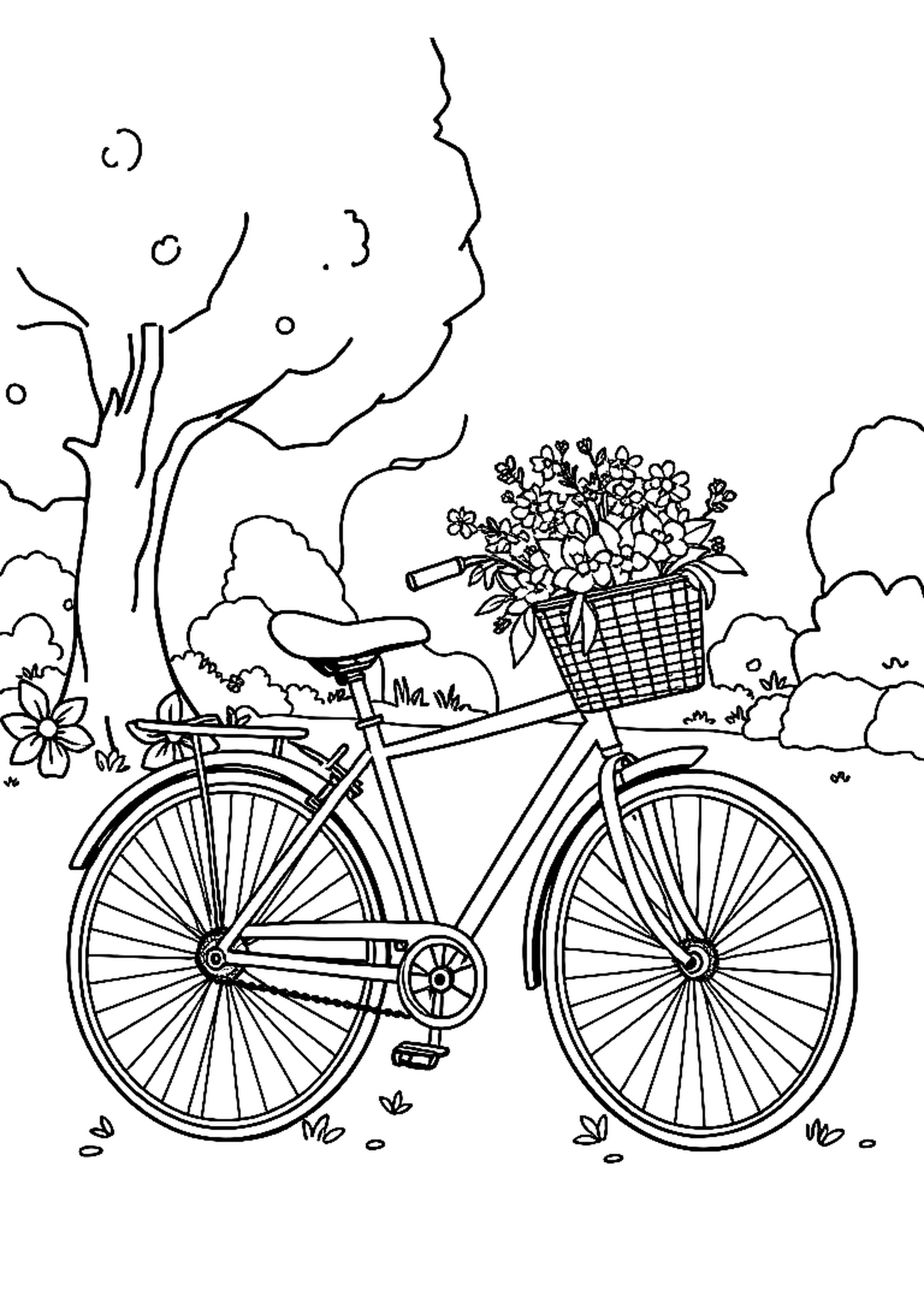 Bicycle leaning against a tree in a sunny park