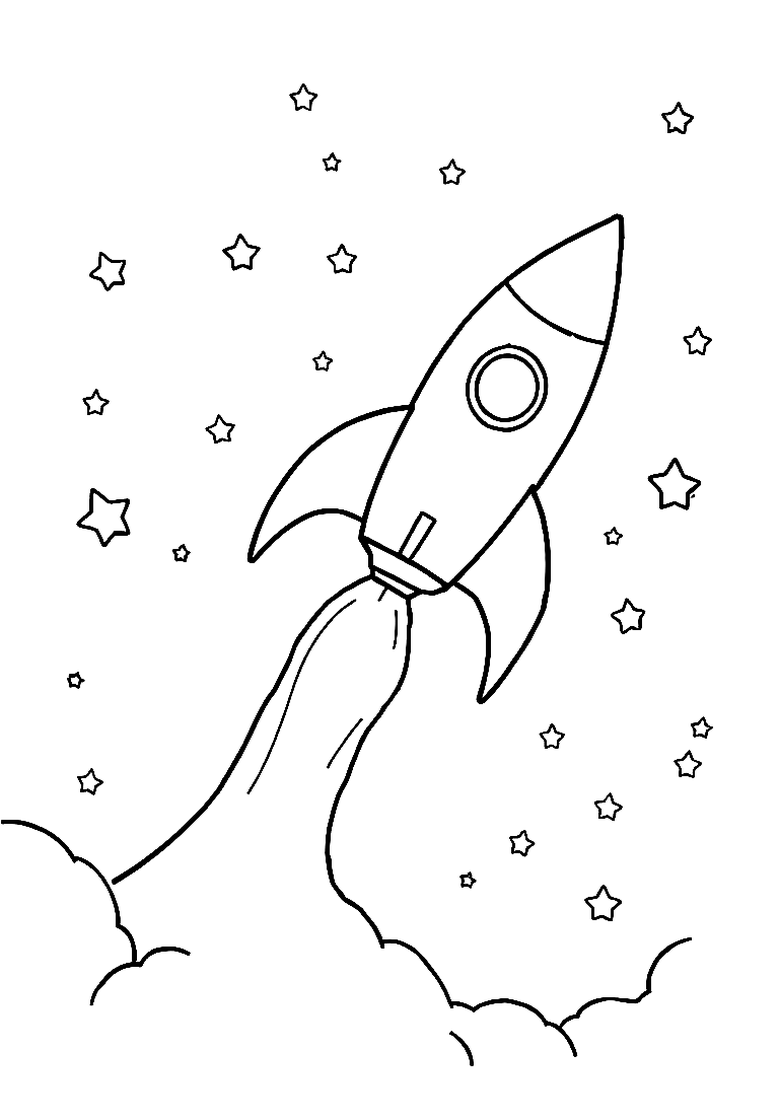 Rocket ship blasting off into space with flames and stars