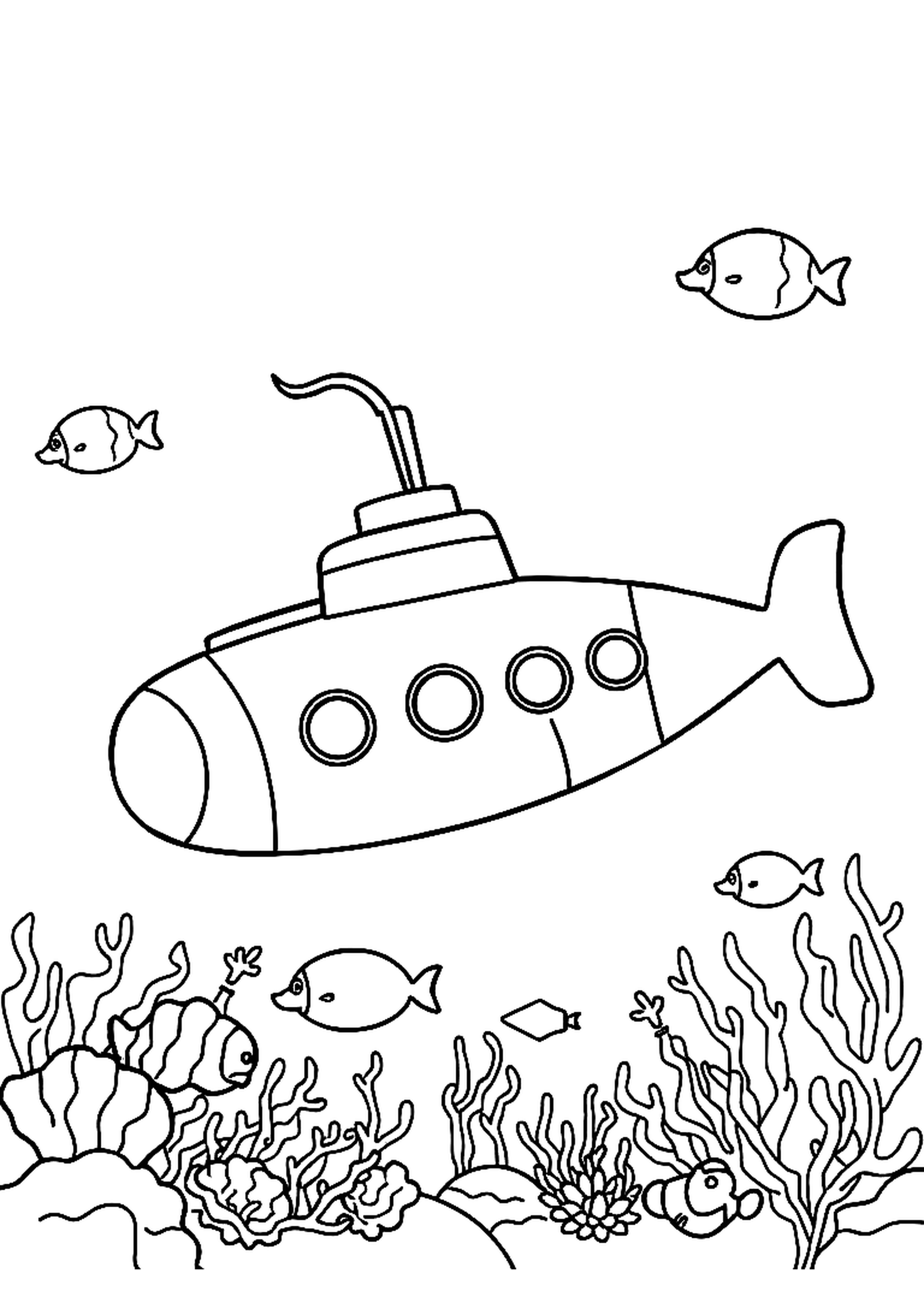 Submarine underwater with fish and coral around it