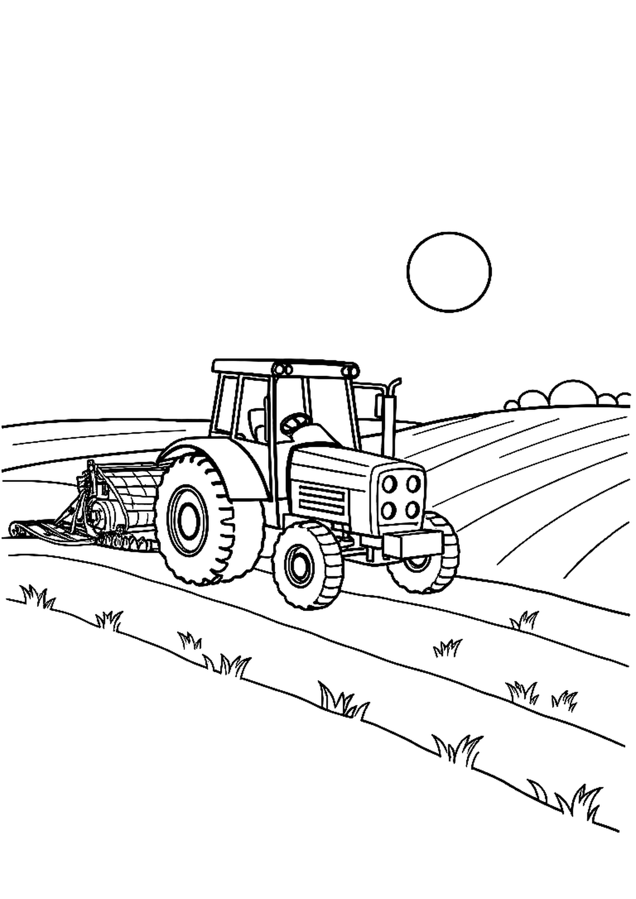 Big tractor working in farm fields with large wheels